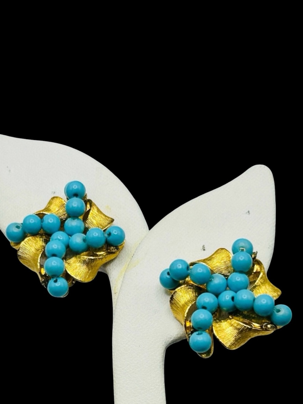 Vintage Blue Glass Bead Wrapped Ribbon Clip Earrings